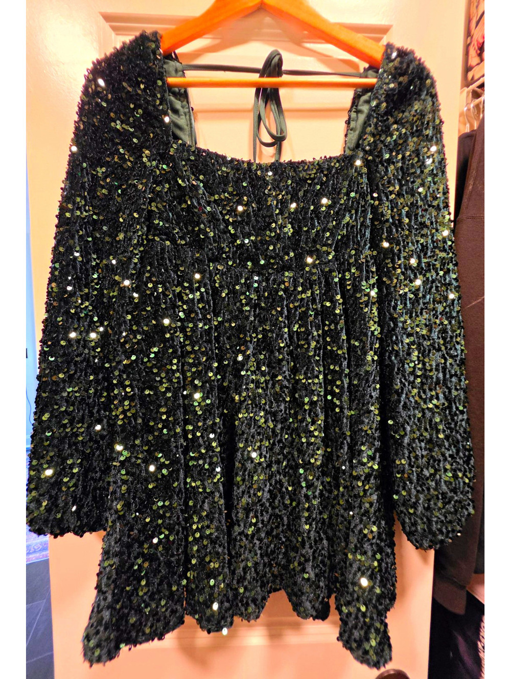 Altar'd State Green Velvet Sequin Square Neck Puff Sleeve Mini Dress S